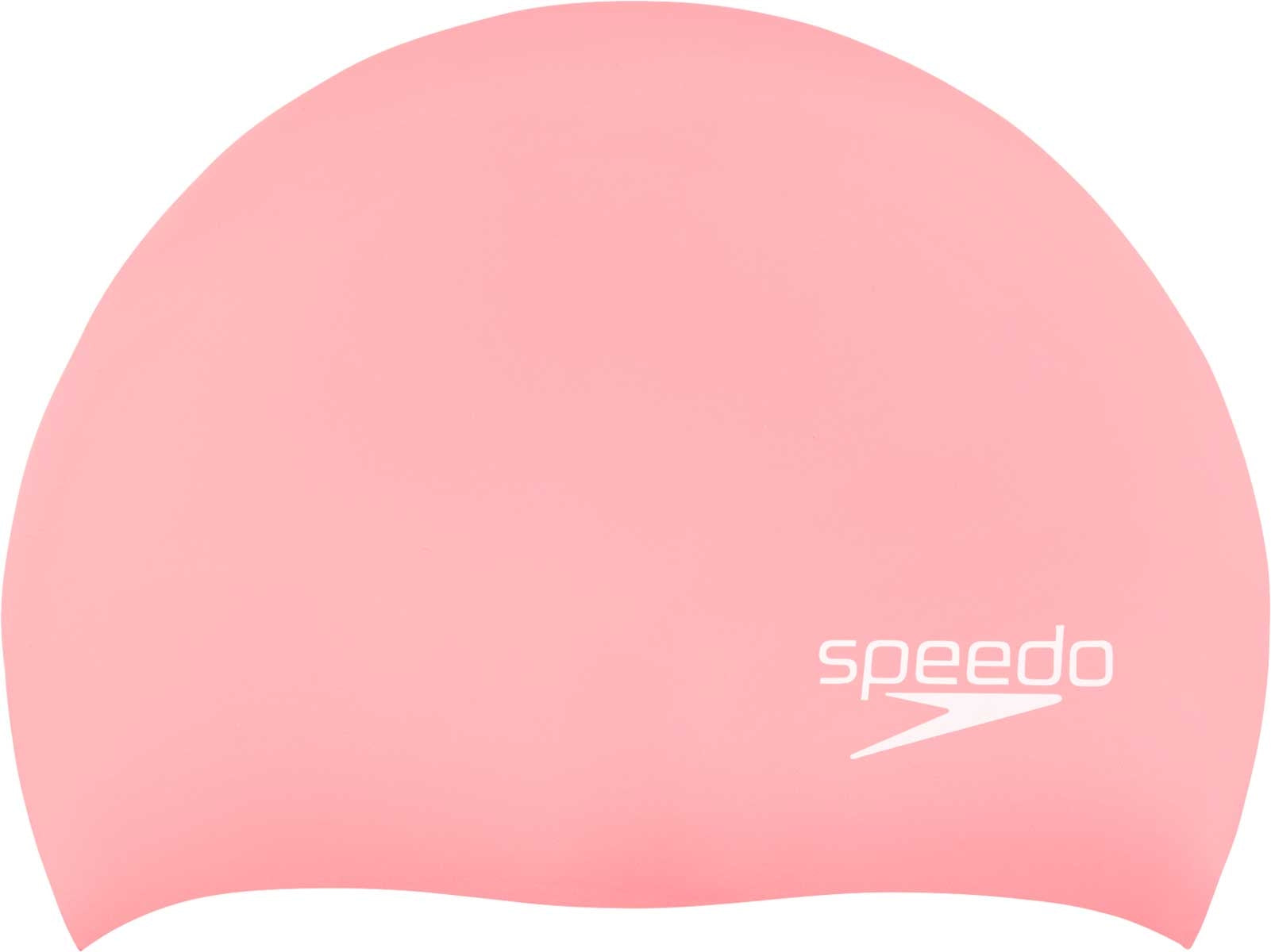 Speedo Elastomeric Solid Silicone Swim Cap - A solid pink swim cap made of silicone, featuring a smooth texture and no visible patterns or logos.