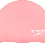 Speedo Elastomeric Solid Silicone Swim Cap - A solid pink swim cap made of silicone, featuring a smooth texture and no visible patterns or logos.