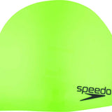 Speedo Elastomeric Solid Silicone Swim Cap - A solid-colored, lime green silicone swim cap with a smooth texture and no visible patterns or logos.