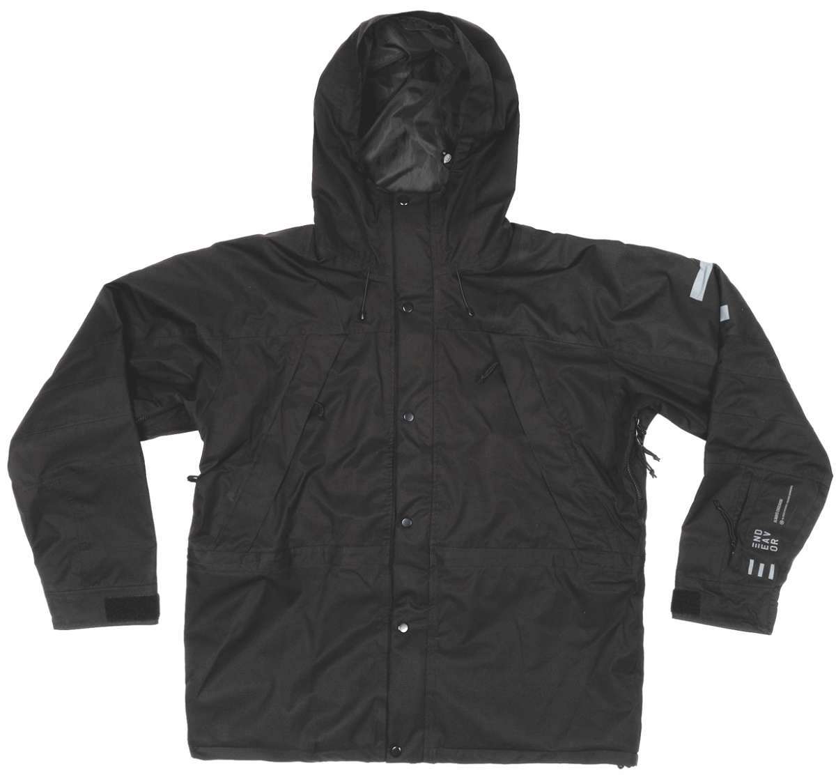 Endeavor 2 Layer Shelter Shell Jacket 2024 - A black jacket with a hood, featuring two zippered pockets on either side and a central zipper down the front.