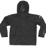 Endeavor 2 Layer Shelter Shell Jacket 2024 - A black jacket with a hood, featuring two zippered pockets on either side and a central zipper down the front.