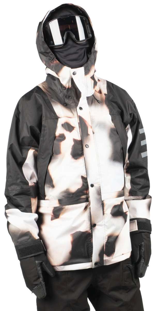 Endeavor 2 Layer Shelter Shell Jacket 2024 - A black and white jacket with a camouflage pattern, featuring a hood and two front pockets.