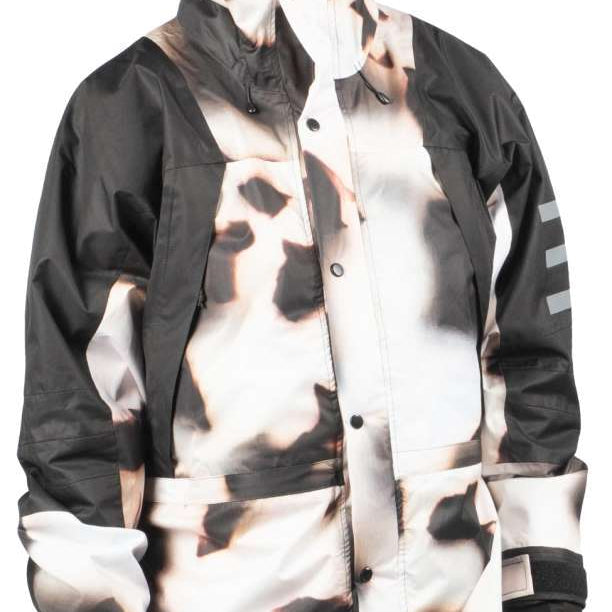 Endeavor 2 Layer Shelter Shell Jacket 2024 - A black and white jacket with a camouflage pattern, featuring a hood and two front pockets.