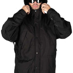 Endeavor 2 Layer Shelter Shell Jacket 2024 - A black jacket with a hood, featuring two zippered pockets on either side and a front zipper closure.
