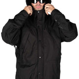 Endeavor 2 Layer Shelter Shell Jacket 2024 - A black jacket with a hood, featuring two zippered pockets on either side and a front zipper closure.