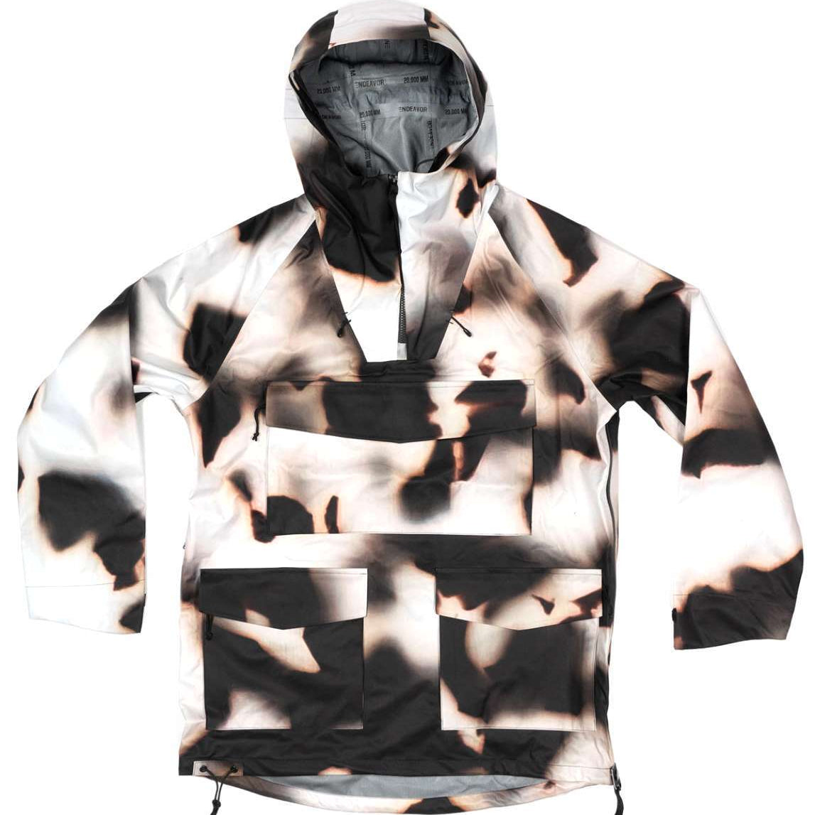 Endeavor 3 Layer Patrol Cargo Anorak - A black and white camouflage anorak with a hood, featuring cargo pockets on the front.