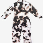 Endeavor 3L Shelter One Piece Suit 2024 - A black and white snowsuit with a cow print design, featuring a hood and zippered pockets on the front.