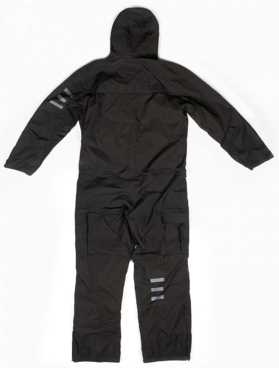 Endeavor 3L Shelter One Piece Suit 2024 - Black snowsuit with reflective strips on each arm and leg, laid flat on a white background.