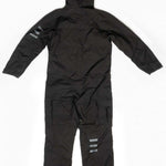 Endeavor 3L Shelter One Piece Suit 2024 - Black snowsuit with reflective strips on each arm and leg, laid flat on a white background.