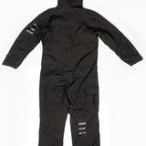Endeavor 3L Shelter One Piece Suit 2024 - Black snowsuit with reflective strips on each arm and leg, laid flat on a white background.