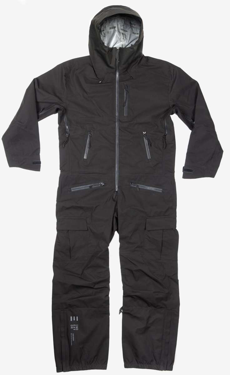 Endeavor 3L Shelter One Piece Suit 2024 - Black snowsuit with zippered pockets and adjustable cuffs.