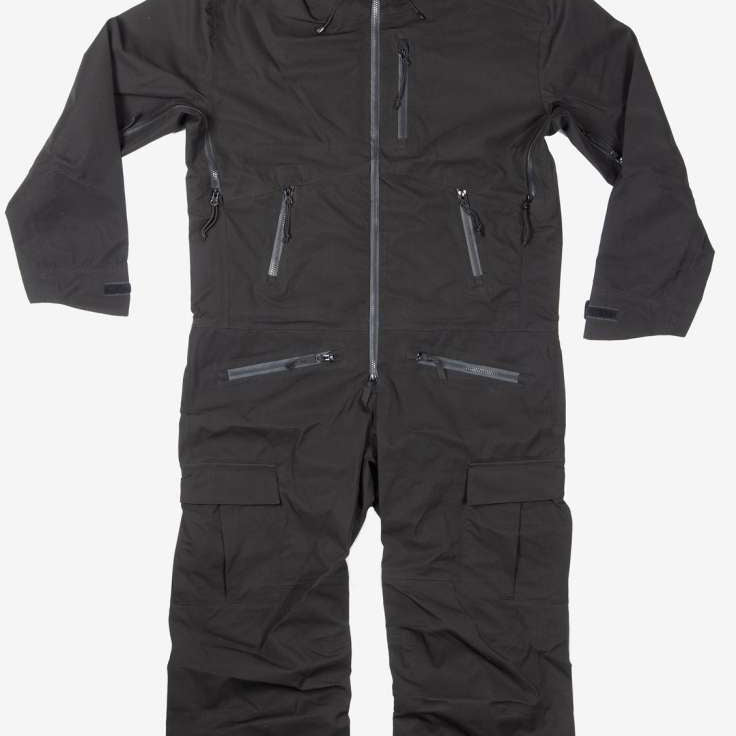 Endeavor 3L Shelter One Piece Suit 2024 - Black snowsuit with zippered pockets and adjustable cuffs.