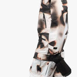 Endeavor 3L Shelter One Piece Suit 2024 - A black and white snowsuit with a geometric pattern of abstract shapes, featuring a hood and zippered pockets.