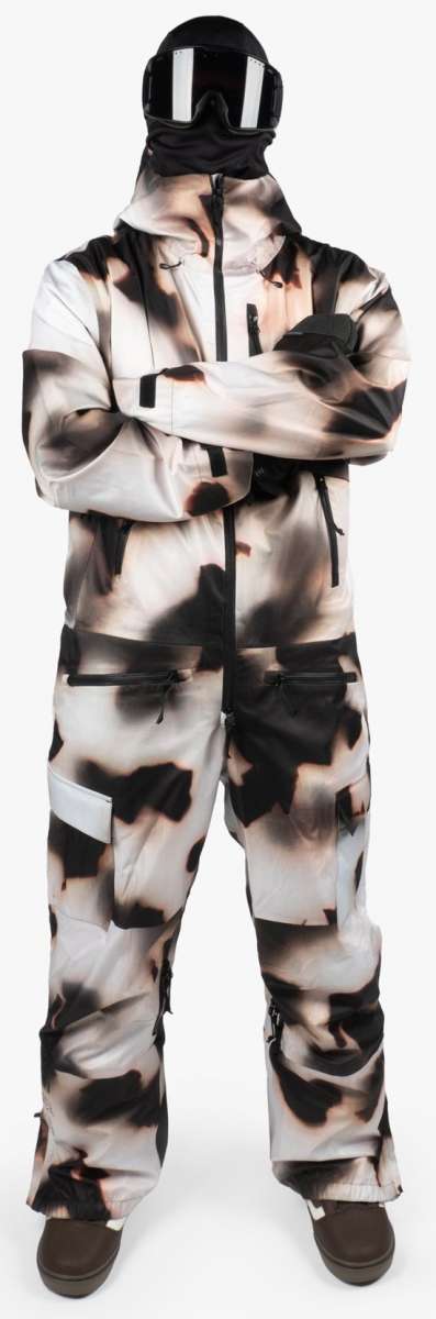 Endeavor 3L Shelter One Piece Suit 2024 - A black, white, and brown snowsuit with a zippered front and adjustable cuffs.