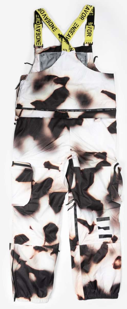 Endeavor 3L Shelter Removable Bib Pants 2024 - White bib pants with black and brown abstract pattern on front, back, and legs.