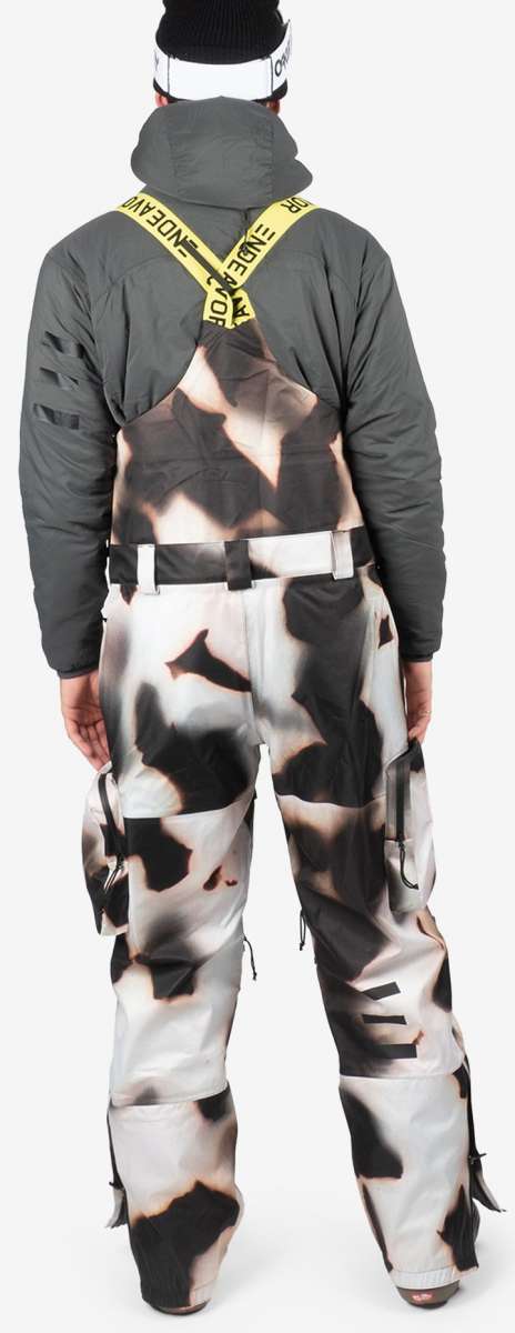 Endeavor 3L Shelter Removable Bib Pants 2024 - Black bib pants with white and brown abstract pattern on front, back, and legs.