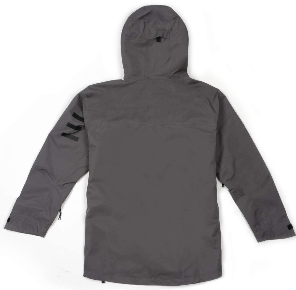Endeavor 3L Shelter Shell Jacket 2023 - A dark gray jacket with a hood, featuring black hardware and a zippered chest pocket.