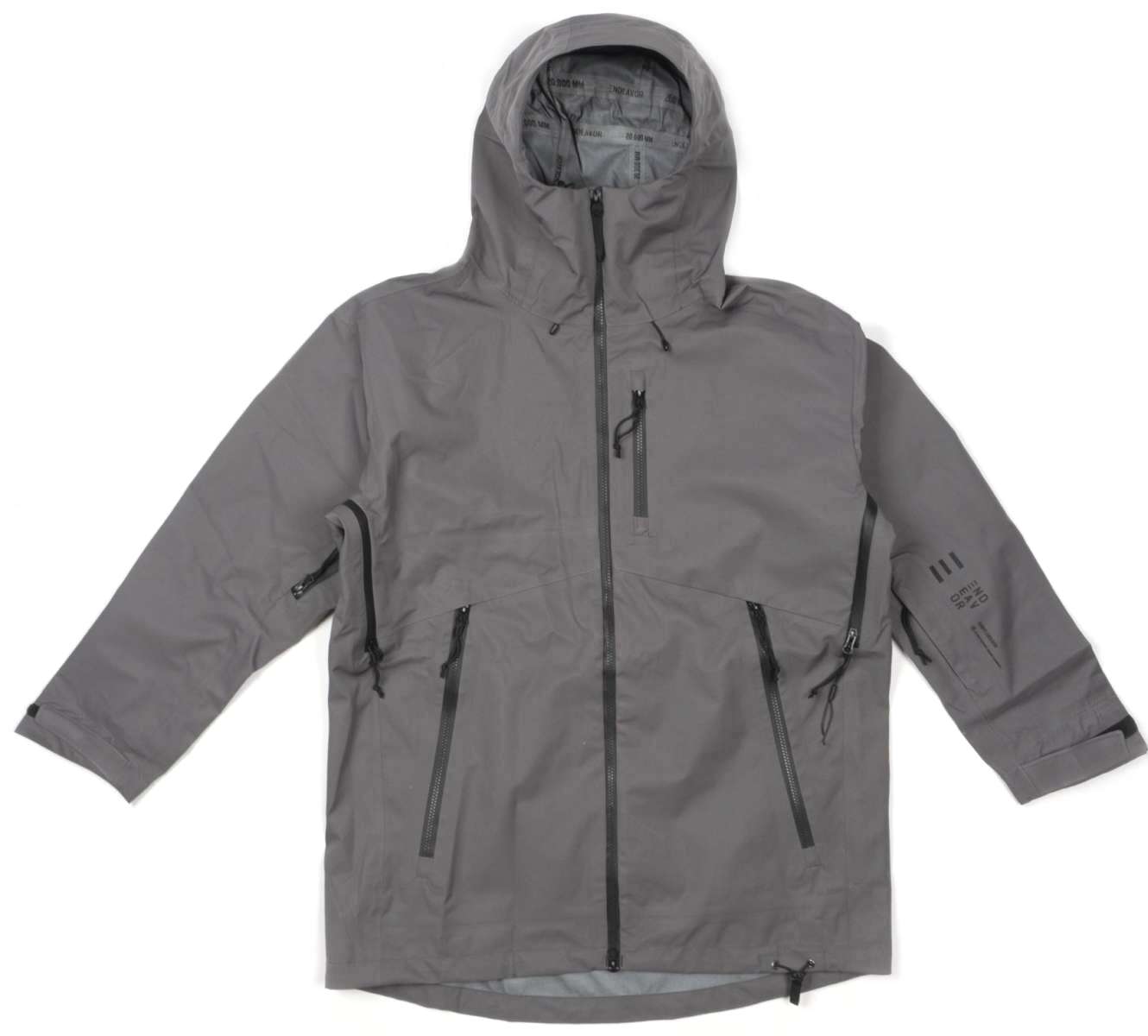 Endeavor 3L Shelter Shell Jacket 2023 - A gray jacket with a hood, featuring black zippers and adjustable cuffs.