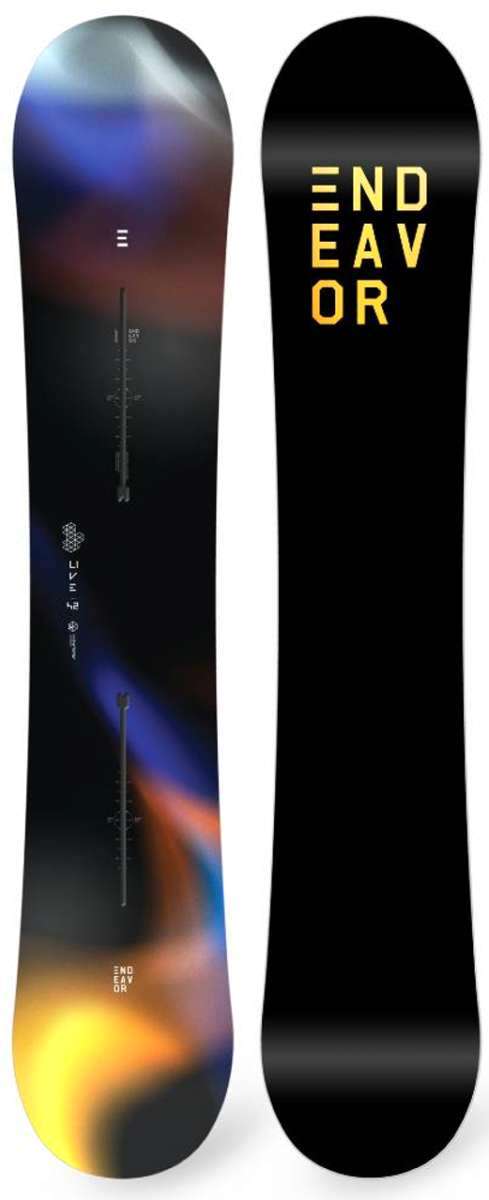 Endeavor Live Snowboard 2023 - A black snowboard with a blue and orange gradient design on top.