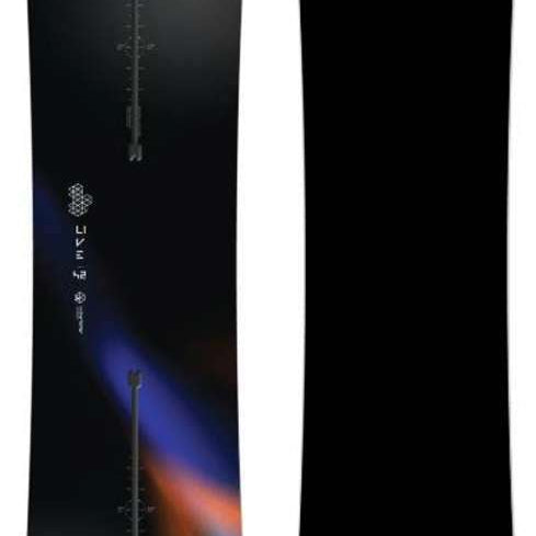 Endeavor Live Snowboard 2023 - A black snowboard with a blue and orange gradient design on top.