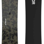 Endeavor Live Snowboard 2024 - A black snowboard with a white logo and text on top of a green camouflage pattern.