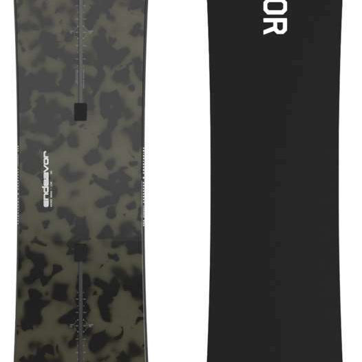 Endeavor Live Snowboard 2024 - A black snowboard with a white logo and text on top of a green camouflage pattern.