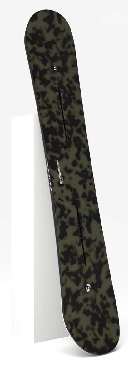 Endeavor Live Snowboard 2024 - A black snowboard with a white logo and white lettering on the top and bottom edges.