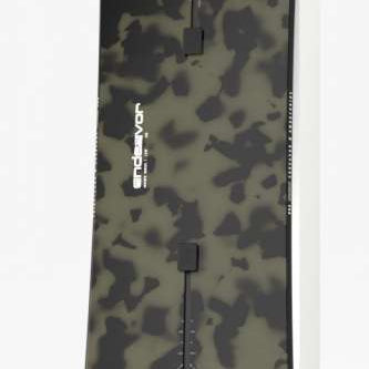 Endeavor Live Snowboard 2024 - A black snowboard with a white logo on top and a white stripe along the bottom edge.