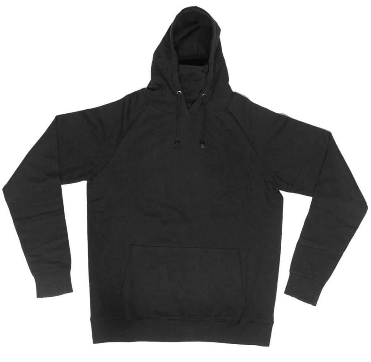 Endeavor Ops Riding Hoodie Organic Cotton 2023 - A black hoodie with a kangaroo pocket and drawstring hood, laid flat on a solid background.