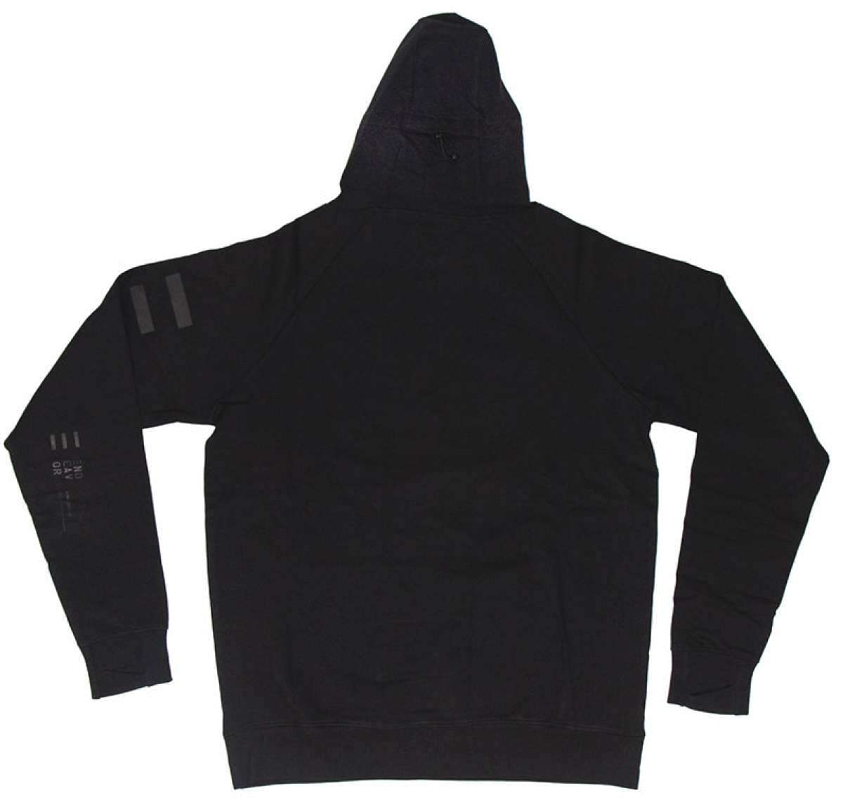 Endeavor Ops Riding Hoodie Organic Cotton 2023 - A black hoodie with a hood and drawstring, featuring three reflective strips on the left shoulder.