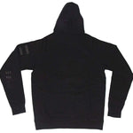 Endeavor Ops Riding Hoodie Organic Cotton 2023 - A black hoodie with a hood and drawstring, featuring three reflective strips on the left shoulder.
