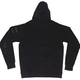 Endeavor Ops Riding Hoodie Organic Cotton 2023 - A black hoodie with a hood and drawstring, featuring three reflective strips on the left shoulder.