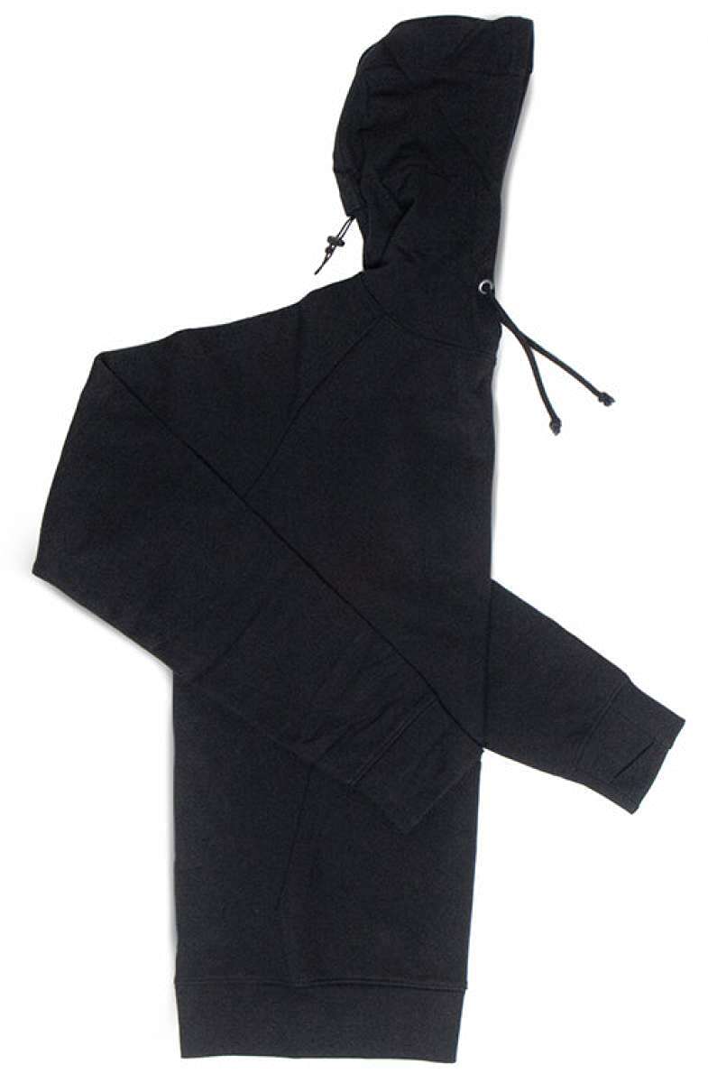 Endeavor Ops Riding Hoodie Organic Cotton 2023 - A black hoodie with a drawstring hood and two zippered pockets on the front.