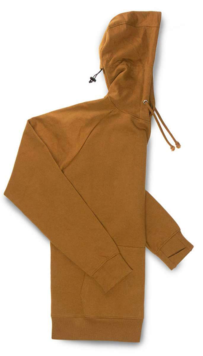 Endeavor Ops Riding Hoodie Organic Cotton 2023 - A tan hoodie with a drawstring hood and two zippered pockets on the front.