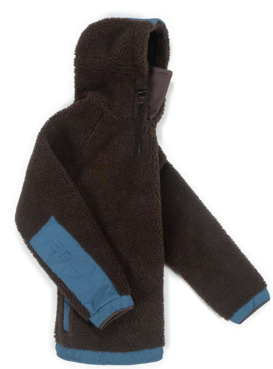 Endeavor OPS Riding Hoodie Sherpa - A brown fleece hoodie with a sherpa texture and blue accents on the hood, cuffs, and hem.