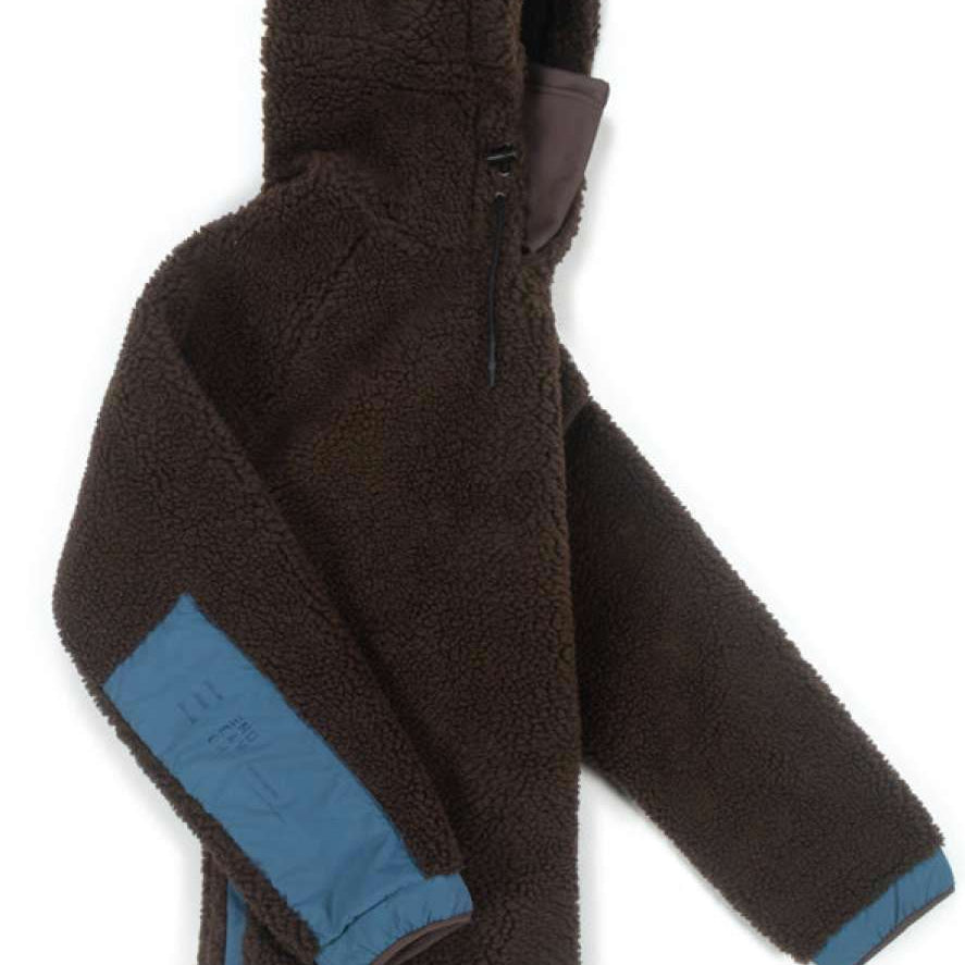 Endeavor OPS Riding Hoodie Sherpa - A brown fleece hoodie with a sherpa texture and blue accents on the hood, cuffs, and hem.
