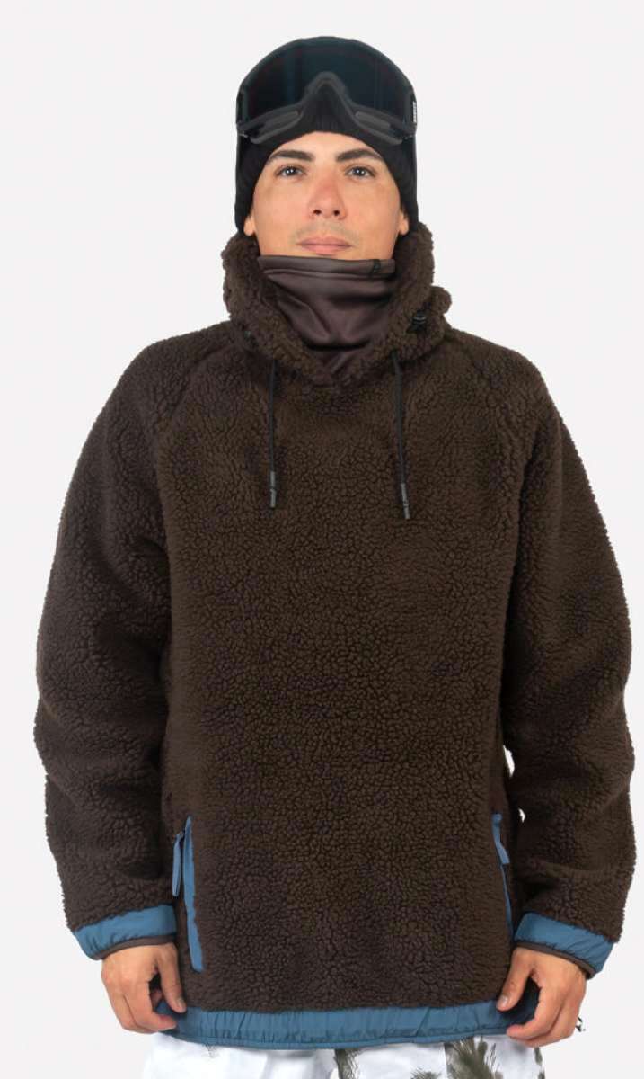 Endeavor OPS Riding Hoodie Sherpa - A brown fleece hoodie with a sherpa texture and blue drawstrings.