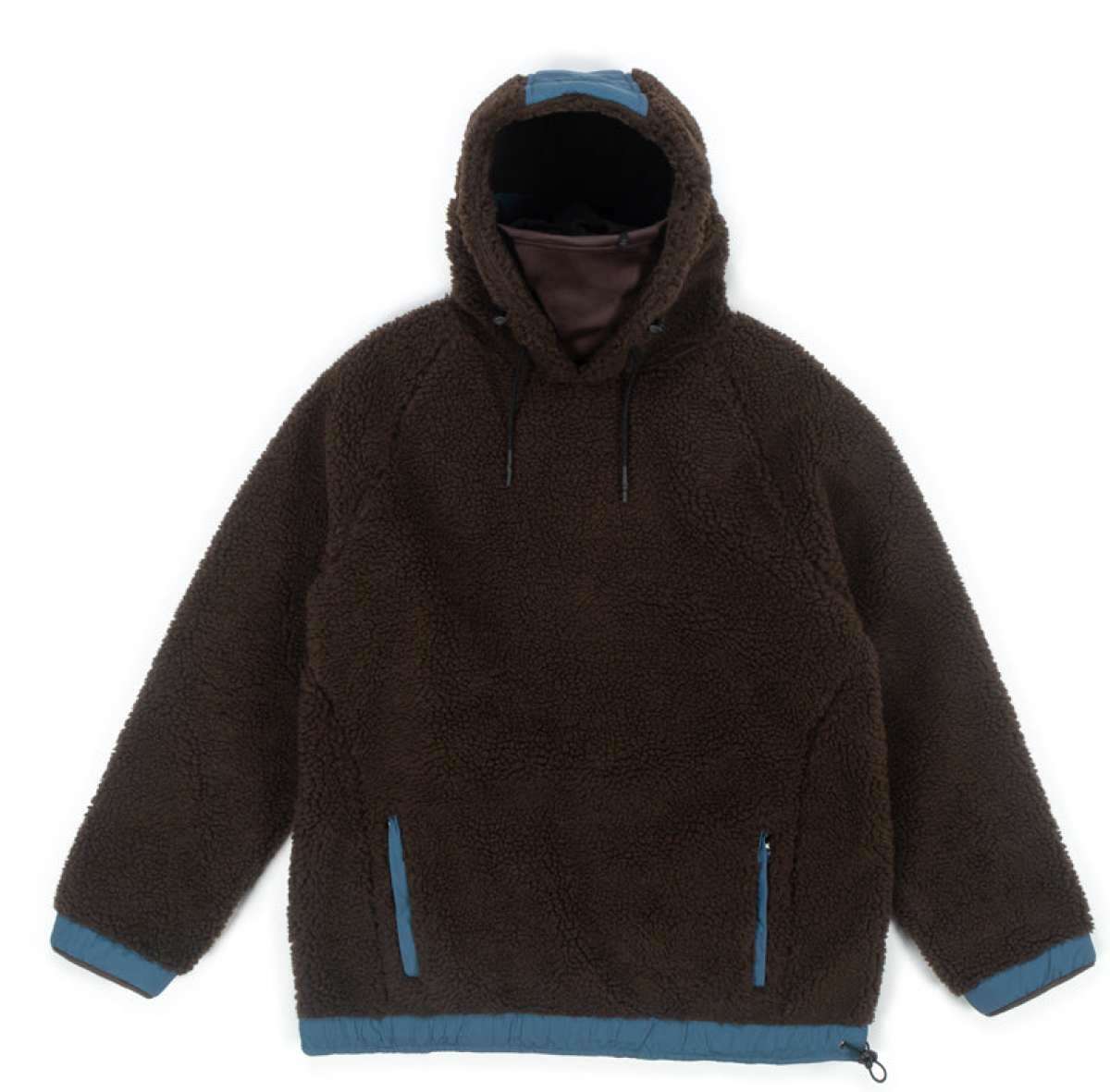 Endeavor OPS Riding Hoodie Sherpa - A brown fleece hoodie with a blue zipper and drawstring, featuring a sherpa texture on the front and back.