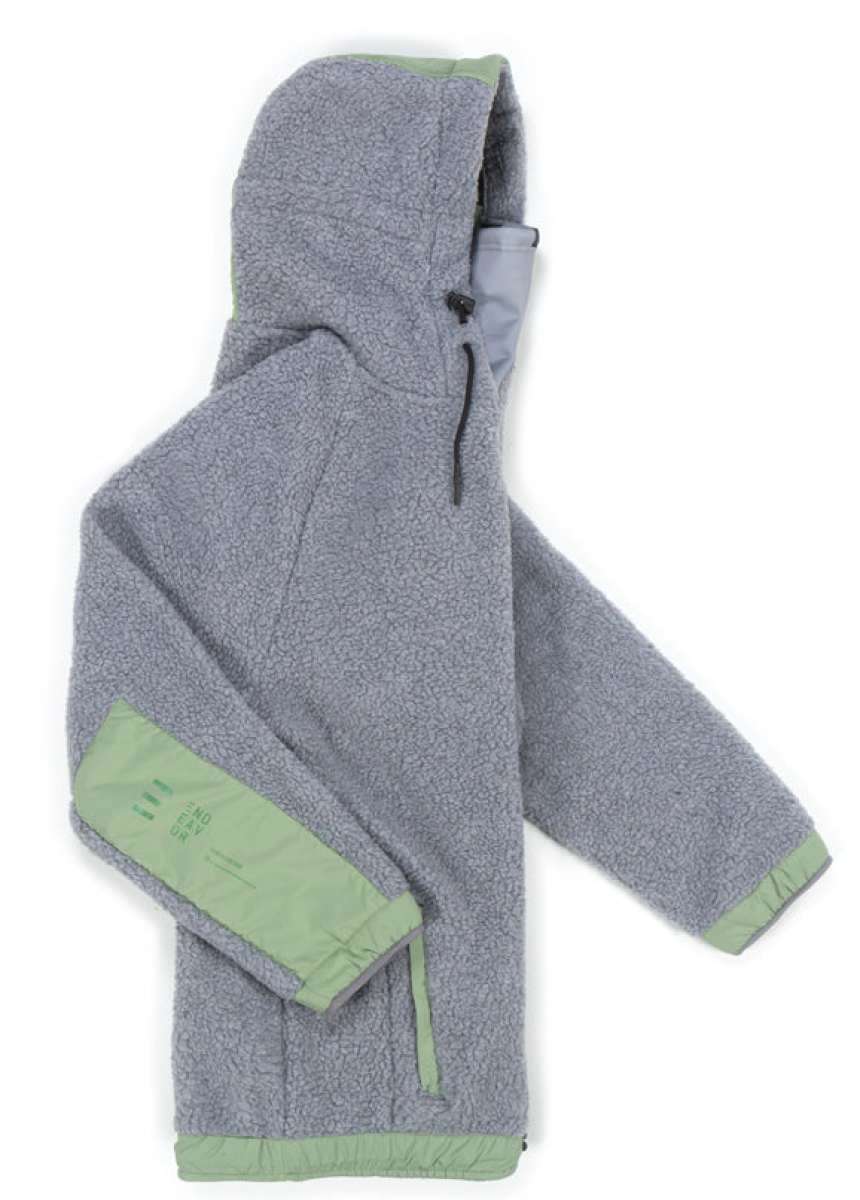 Endeavor OPS Riding Hoodie Sherpa - A gray hoodie with a sherpa texture and green accents on the hood, cuffs, and hem.