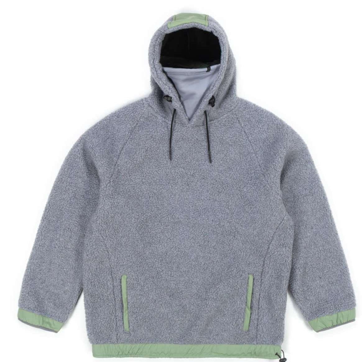 Endeavor OPS Riding Hoodie Sherpa - A gray hoodie with a sherpa texture and green accents on the hood, cuffs, and pockets.