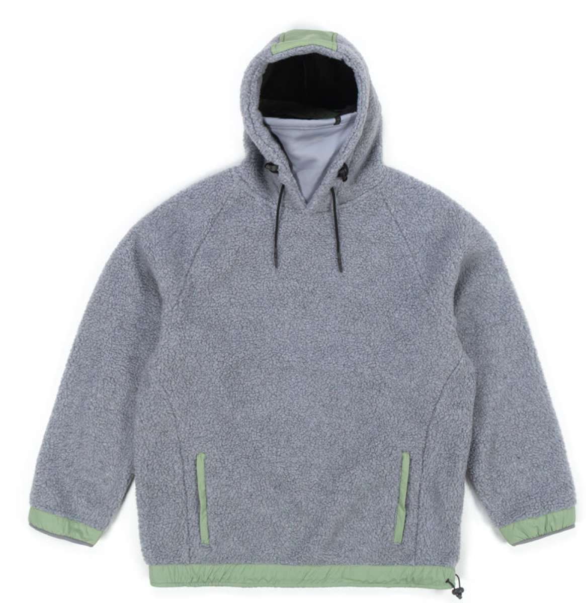 Endeavor OPS Riding Hoodie Sherpa - A gray hoodie with a sherpa texture and green accents on the hood, cuffs, and pockets.