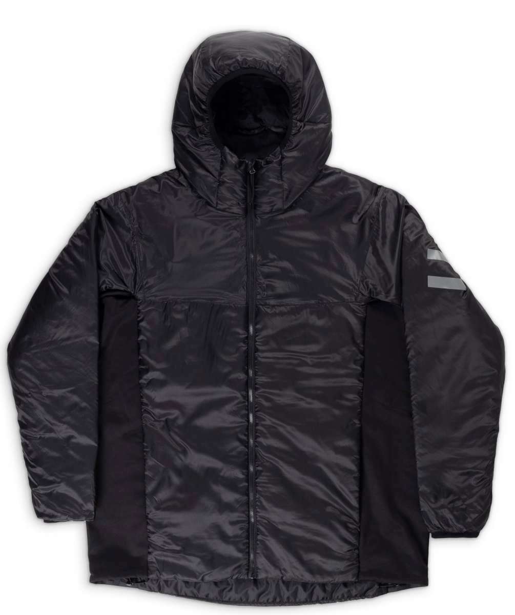Endeavor Shelter Insulated Jacket 2024 - A black insulated jacket with a hood, featuring two zippered pockets on the front and a zipper down the middle.