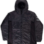 Endeavor Shelter Insulated Jacket 2024 - A black insulated jacket with a hood, featuring two zippered pockets on the front and a zipper down the middle.