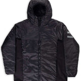 Endeavor Shelter Insulated Jacket 2024 - A black insulated jacket with a hood, featuring two zippered pockets on the front and a zipper down the middle.