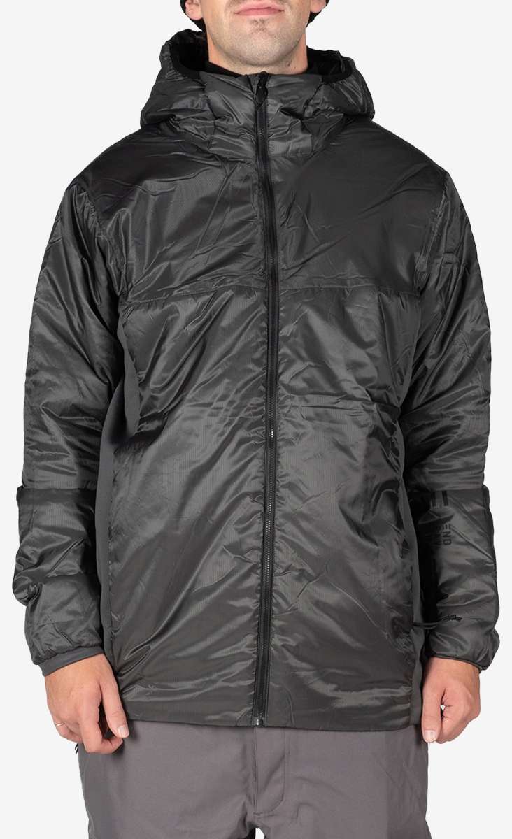 Endeavor Shelter Insulated Jacket - A black insulated jacket with a high collar and zippered front, featuring two zippered pockets on either side of the waist.