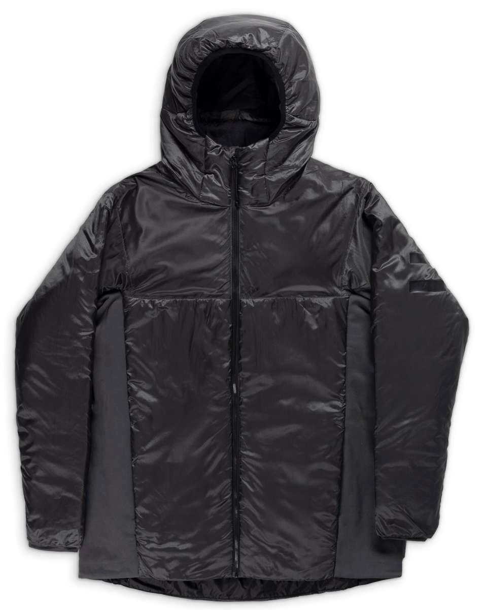 Endeavor Shelter Insulated Jacket - A black insulated jacket with a hood, featuring two zippered pockets on the front and a zipper running down the middle.