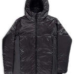 Endeavor Shelter Insulated Jacket - A black insulated jacket with a hood, featuring two zippered pockets on the front and a zipper running down the middle.