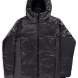 Endeavor Shelter Insulated Jacket - A black insulated jacket with a hood, featuring two zippered pockets on the front and a zipper running down the middle.