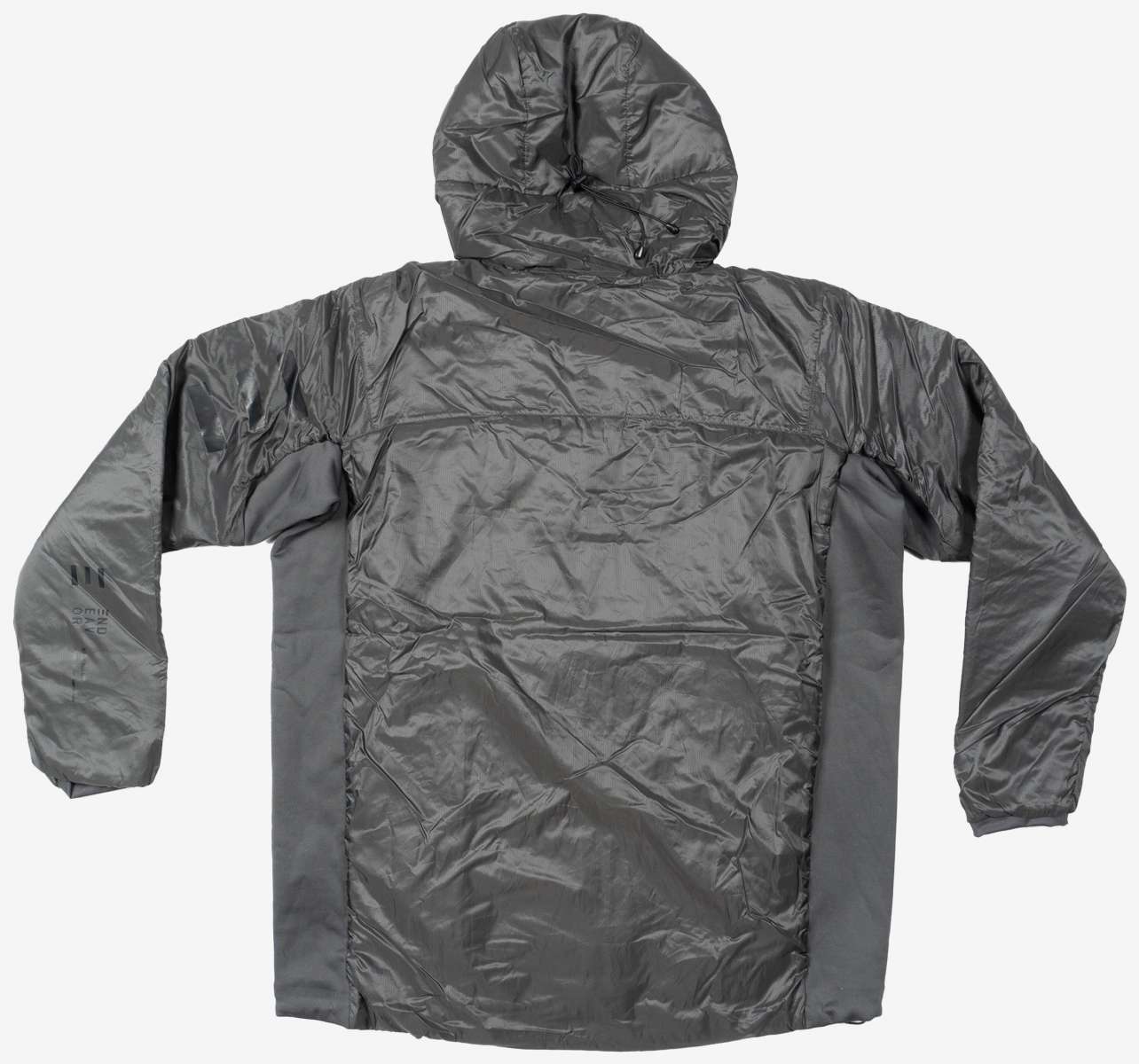 Endeavor Shelter Insulated Jacket - A dark gray jacket with a hood, featuring black zippers and a diagonal strap across the chest.