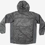Endeavor Shelter Insulated Jacket - A dark gray jacket with a hood, featuring black zippers and a diagonal strap across the chest.
